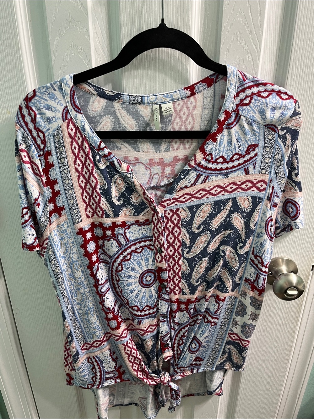 Cato Short-Sleeve Paisley Patchwork Tie-Front Top - Red, Blue, Cream